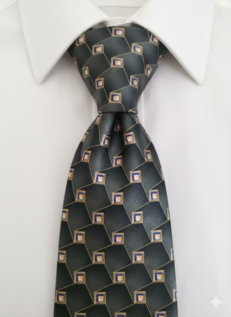 Jos A Bank green gold geometric pattern silk tie - 60"
